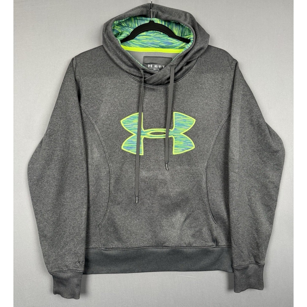 Under Armour Gray Pullover Hoodie Sweatshirt Womens Medium Logo Teal Coldgear